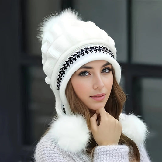 Cozy Fleece-Lined Winter Hat with Plush Faux-Fur Pom-Pom