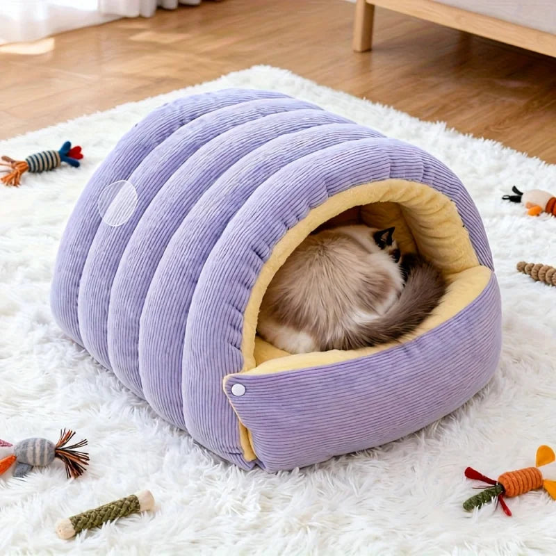 Cozy Arctic Fleece Cat Cave Bed - Enclosed Warm Hideaway for Cats
