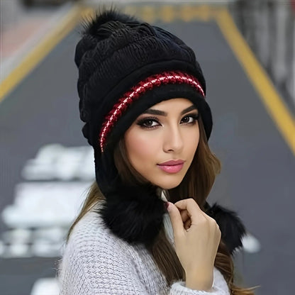 Cozy Fleece-Lined Winter Hat with Plush Faux-Fur Pom-Pom