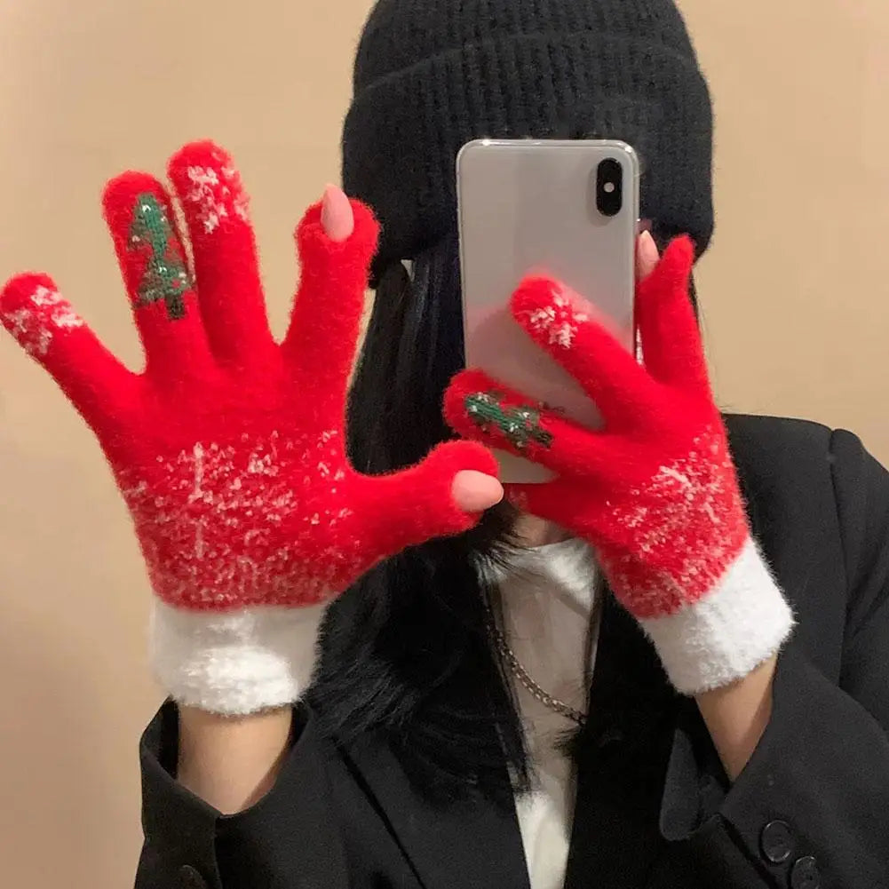 Cozy Festive Knit Fingerless Gloves with Soft Fleece Lining