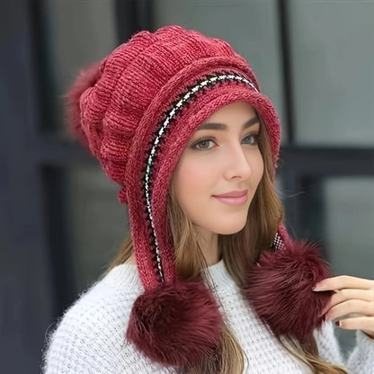 Cozy Fleece-Lined Winter Hat with Plush Faux-Fur Pom-Pom