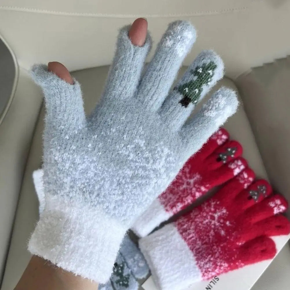 Cozy Festive Knit Fingerless Gloves with Soft Fleece Lining