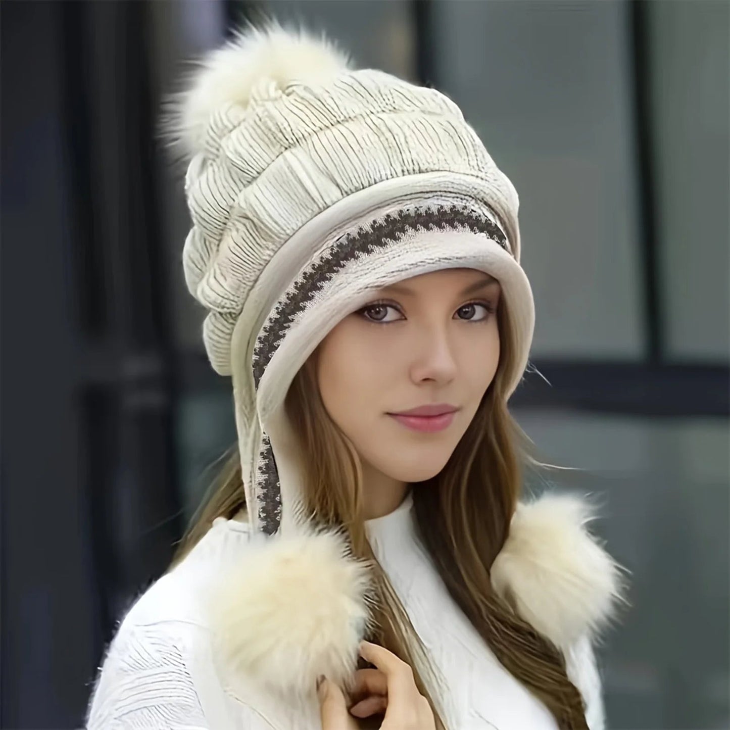 Cozy Fleece-Lined Winter Hat with Plush Faux-Fur Pom-Pom