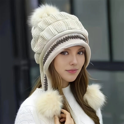 Cozy Fleece-Lined Winter Hat with Plush Faux-Fur Pom-Pom