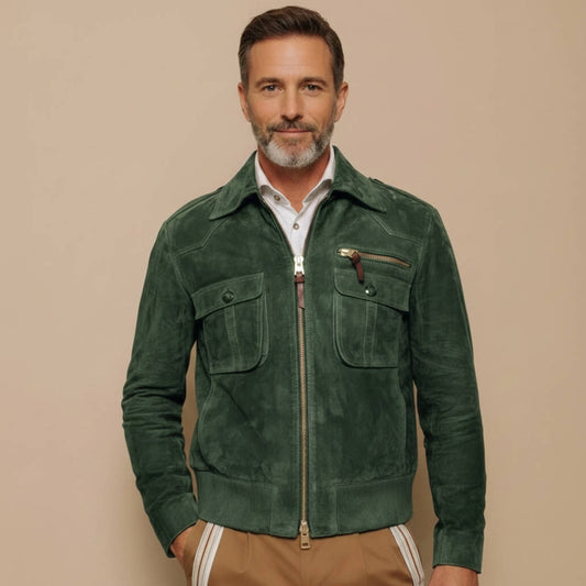 Men's Retro Lapel Zip-Front Suede Jacket with Chest Pocket