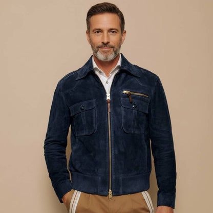 Men's Retro Lapel Zip-Front Suede Jacket with Chest Pocket