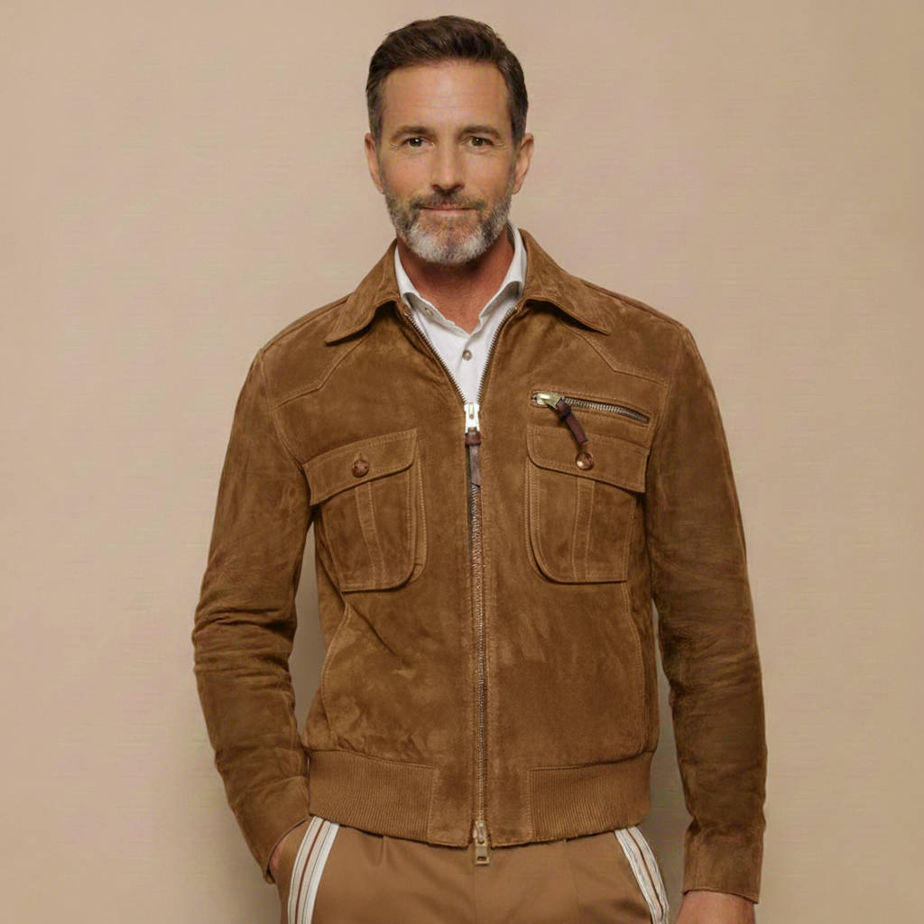 Men's Retro Lapel Zip-Front Suede Jacket with Chest Pocket