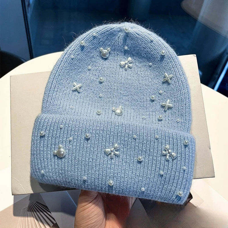 Pearl-Accent Knit Beanie - Cozy Winter Hat