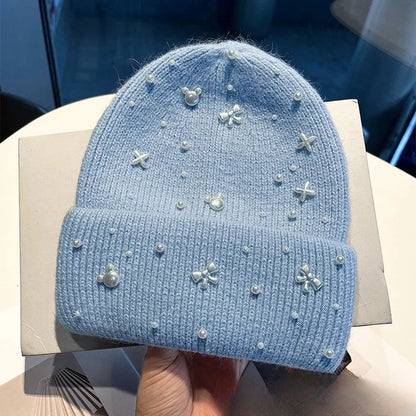 Pearl-Accent Knit Beanie - Cozy Winter Hat