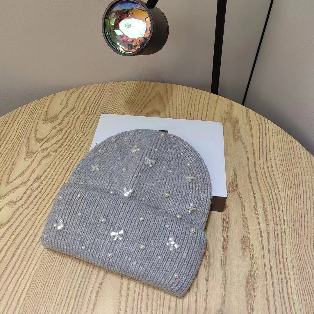 Pearl-Accent Knit Beanie - Cozy Winter Hat