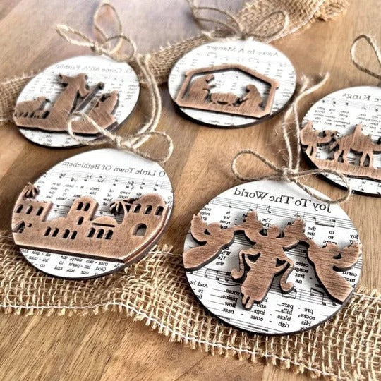 Elegant Nativity-Inspired Music Sheet Ornament Collection