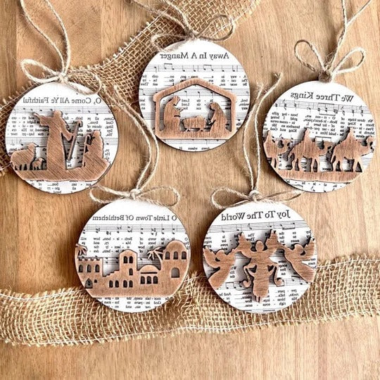 Elegant Nativity-Inspired Music Sheet Ornament Collection