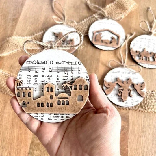 Elegant Nativity-Inspired Music Sheet Ornament Collection