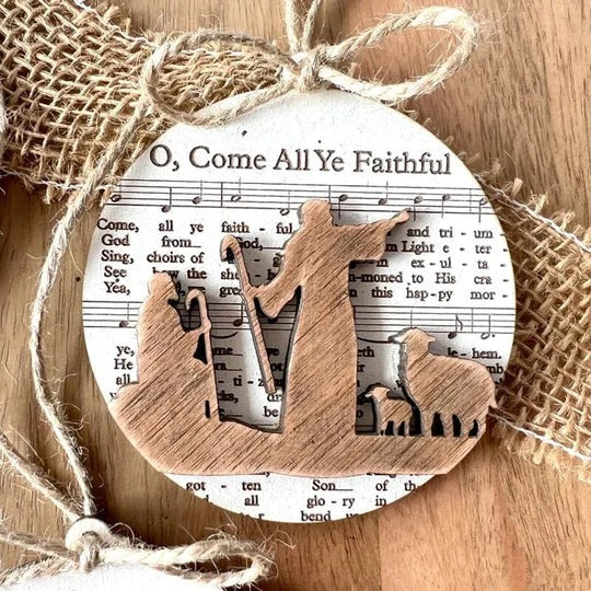 Elegant Nativity-Inspired Music Sheet Ornament Collection