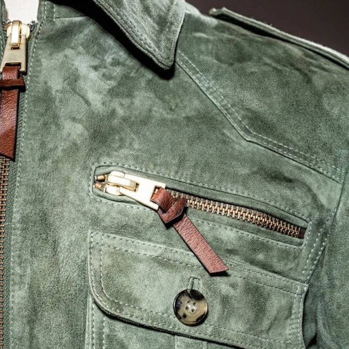 Men's Retro Lapel Zip-Front Suede Jacket with Chest Pocket