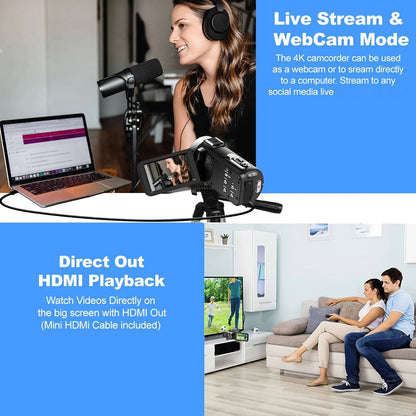 4K Video Camera Camcorder with WiFi - 48MP Sensor for YouTube Vlogging