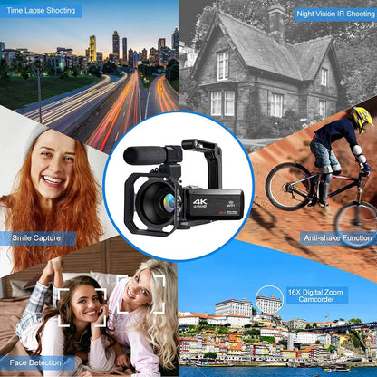 4K Video Camera Camcorder with WiFi - 48MP Sensor for YouTube Vlogging