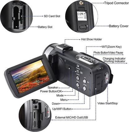 4K Video Camera Camcorder with WiFi - 48MP Sensor for YouTube Vlogging