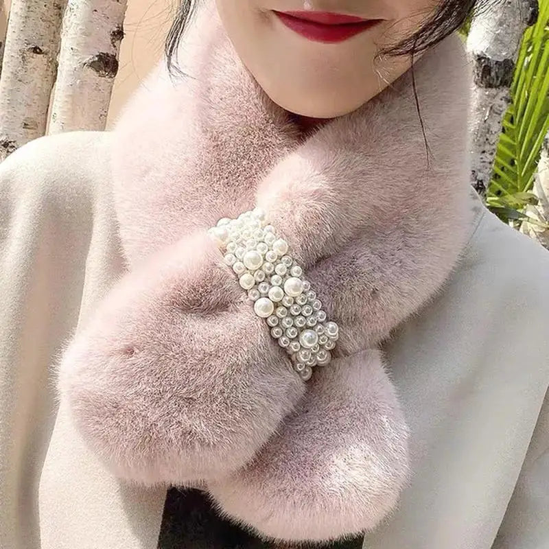 Luxurious Faux-Fur Pearl-Accented Winter Scarf