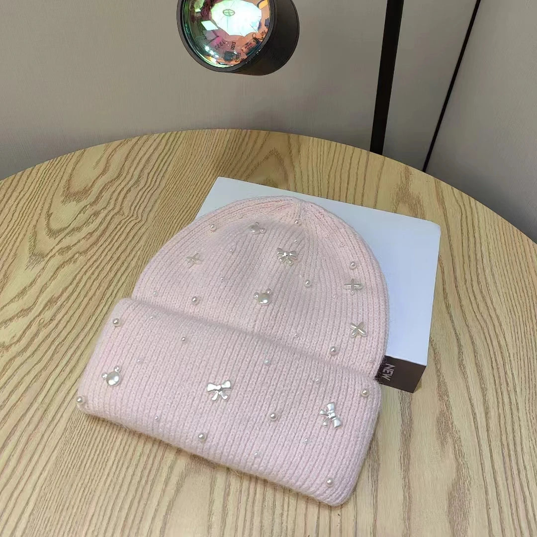 Pearl-Accent Knit Beanie - Cozy Winter Hat