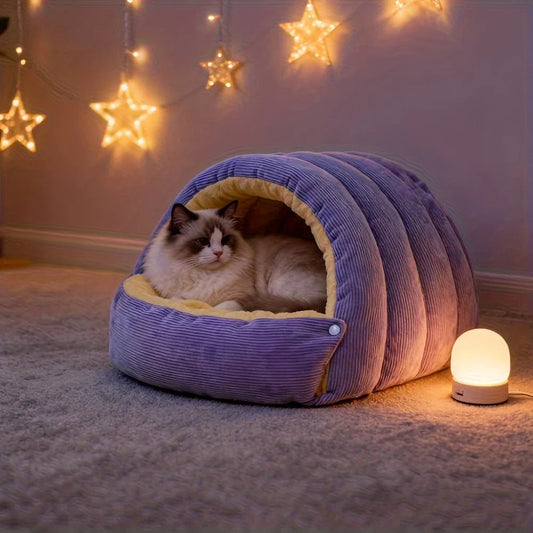 Cozy Arctic Fleece Cat Cave Bed - Enclosed Warm Hideaway for Cats